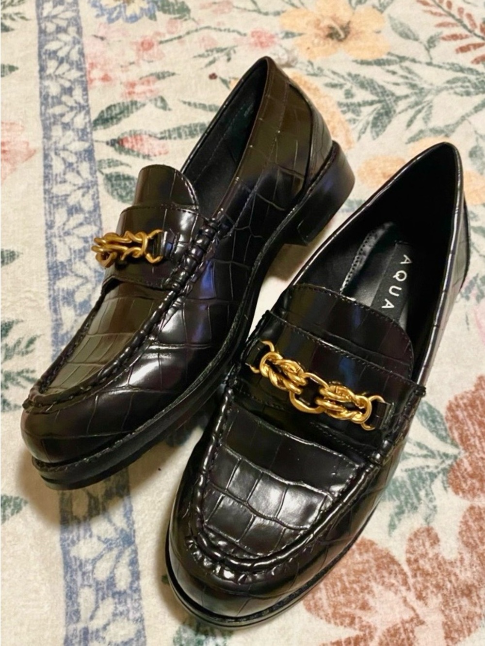 Aqua Faux Leather Black Loafers